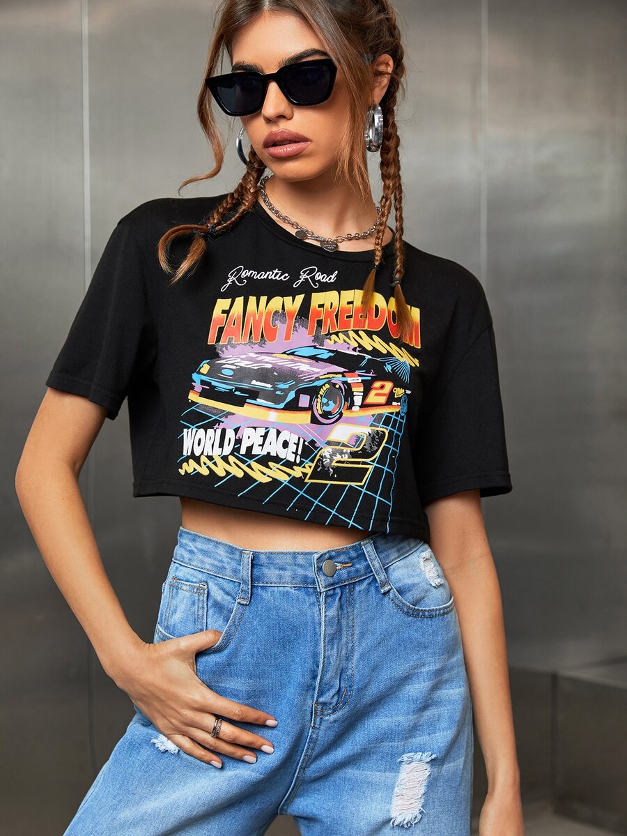 Áo thun nữ Ô tô/xe hơi Lá thư Giải trí - màu đen - Xem 1