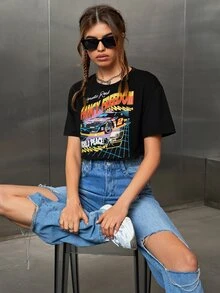 Áo thun nữ Ô tô/xe hơi Lá thư Giải trí - màu đen - Xem 4