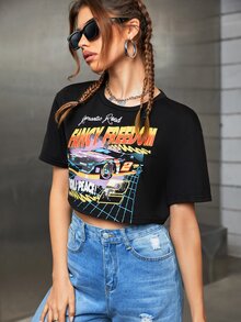 Áo thun nữ Ô tô/xe hơi Lá thư Giải trí - màu đen - Xem 5