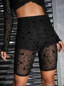 Star Print Mesh Cycling Shorts - Black - View 1
