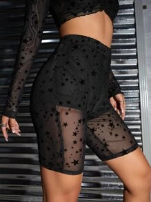 Star Print Mesh Cycling Shorts - Black - View 3