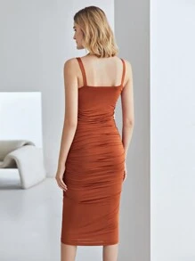 SHEIN Gathered Pencil Dress - Rust Brown - View 3
