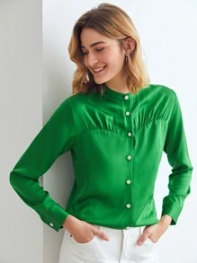 MOTF PREMIUM Áo sơ mi nữ Nút Xù màu trơn Thanh lịch - màu xanh lá - Xem 2
