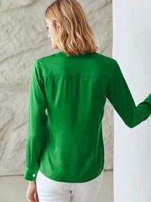MOTF PREMIUM Áo sơ mi nữ Nút Xù màu trơn Thanh lịch - màu xanh lá - Xem 3