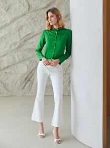 MOTF PREMIUM Áo sơ mi nữ Nút Xù màu trơn Thanh lịch - màu xanh lá - Xem 4