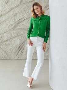 MOTF PREMIUM Áo sơ mi nữ Nút Xù màu trơn Thanh lịch - màu xanh lá - Xem 5