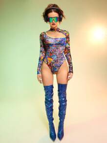 SHEIN ICON 90s Allover Print Cut Out Contrast Binding Mesh Bodysuit - Multicolor - View 3