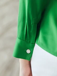 MOTF PREMIUM Áo sơ mi nữ Nút Xù màu trơn Thanh lịch - màu xanh lá - Xem 7