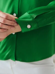 MOTF PREMIUM Áo sơ mi nữ Nút Xù màu trơn Thanh lịch - màu xanh lá - Xem 8