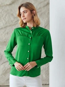 MOTF PREMIUM Áo sơ mi nữ Nút Xù màu trơn Thanh lịch - màu xanh lá - Xem 10