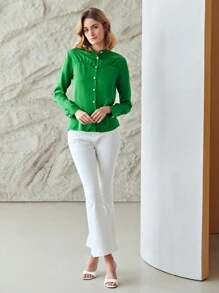 MOTF PREMIUM Áo sơ mi nữ Nút Xù màu trơn Thanh lịch - màu xanh lá - Xem 11