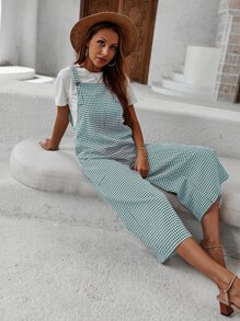 Wide Leg Gingham Overall Jumpsuit - Green - View 1
