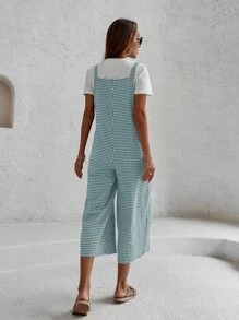 Wide Leg Gingham Overall Jumpsuit - Green - View 2