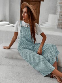 Wide Leg Gingham Overall Jumpsuit - Green - View 3