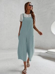 Wide Leg Gingham Overall Jumpsuit - Green - View 5