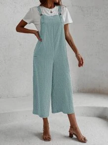 Wide Leg Gingham Overall Jumpsuit - Green - View 6