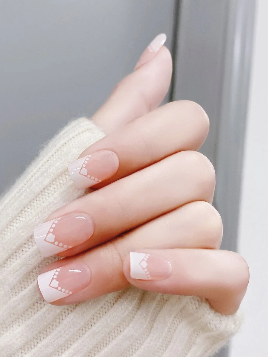 Transform Your Nails with 24pcs Short Square White French Dots Print Fake Nail & 1pc Nail File & 1sheet Tape - Multicolor - View 1