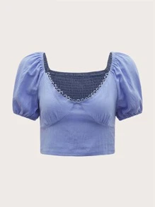 ROMWE Blusa unicolor con fruncido - Azul - Ver 1