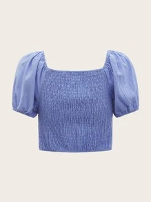 ROMWE Blusa unicolor con fruncido - Azul - Ver 2