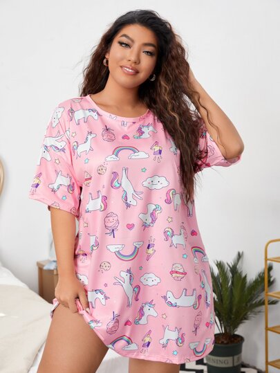 Plus Size Women Unicorn Print Round Neck Short Sleeve Casual Loungewear Dress