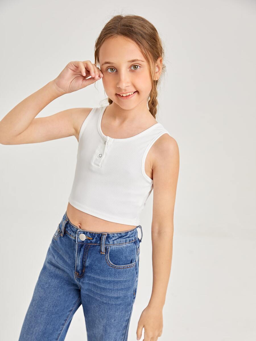 SHEIN Girls Half Button Crop Tank Top - White - View 1