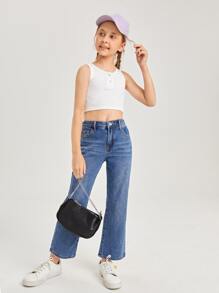 SHEIN Girls Half Button Crop Tank Top - White - View 3