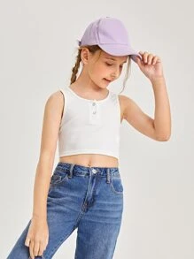 SHEIN Girls Half Button Crop Tank Top - White - View 4