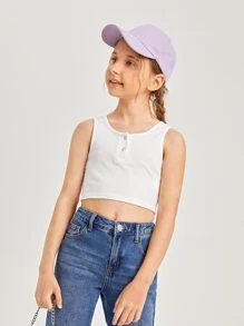 SHEIN Girls Half Button Crop Tank Top - White - View 5