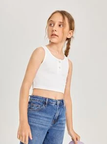 SHEIN Girls Half Button Crop Tank Top - White - View 6