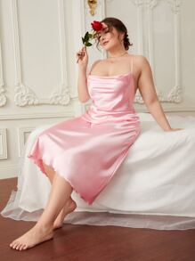 Plus Lace Up Backless Draped Collar Satin Nightdress - Baby Pink - View 1