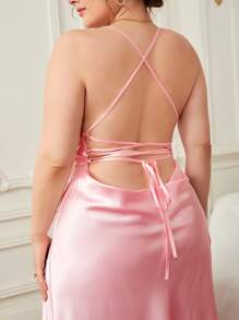 Plus Lace Up Backless Draped Collar Satin Nightdress - Baby Pink - View 3