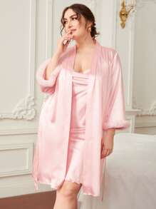 Vestido de dormir de satén de cuello con fruncido con bata con cinturón de puño de peluche - Rosa Pálido - Ver 1