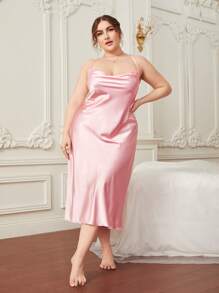 Plus Lace Up Backless Draped Collar Satin Nightdress - Baby Pink - View 4