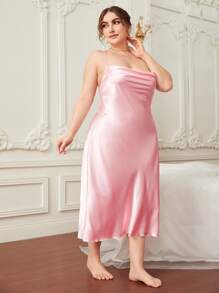 Plus Lace Up Backless Draped Collar Satin Nightdress - Baby Pink - View 5