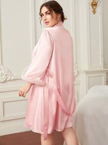 Vestido de dormir de satén de cuello con fruncido con bata con cinturón de puño de peluche - Rosa Pálido - Ver 2
