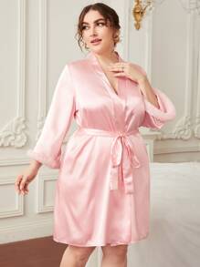 Vestido de dormir de satén de cuello con fruncido con bata con cinturón de puño de peluche - Rosa Pálido - Ver 3