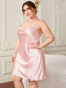 Vestido de dormir de satén de cuello con fruncido con bata con cinturón de puño de peluche - Rosa Pálido - Ver 4