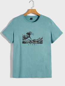 GENTILAND Men Cotton Wave And Japanese Letter Graphic Tee - Cadet Blue - View 1