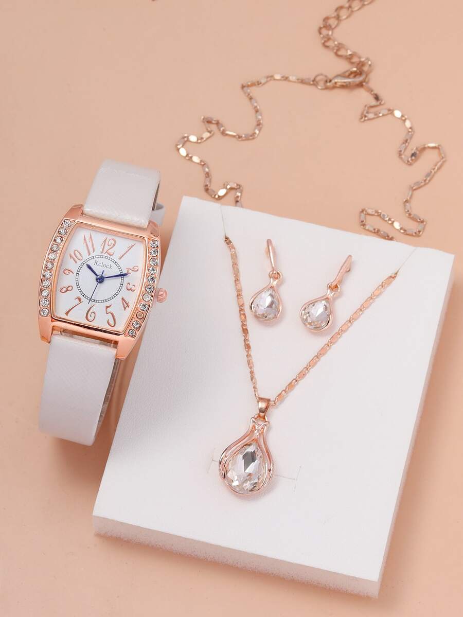 1 đồng hồ con trỏ tonneau được trang trí bằng rhinestone và 3 bộ trang sức - trắng - Xem 1
