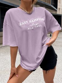 SHEIN Unity Drop Shoulder Letter Embroidery Top Graphic Tees Women Tops - Lilac Purple - View 1