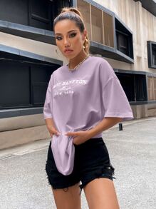 SHEIN Unity Drop Shoulder Letter Embroidery Top Graphic Tees Women Tops - Lilac Purple - View 4