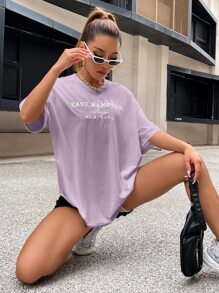 SHEIN Unity Drop Shoulder Letter Embroidery Top Graphic Tees Women Tops - Lilac Purple - View 6