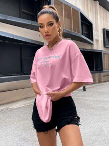 SHEIN Unity 落肩字母刺绣上衣 图案 T 恤 女士上衣 - 淺粉色 - 查看 6