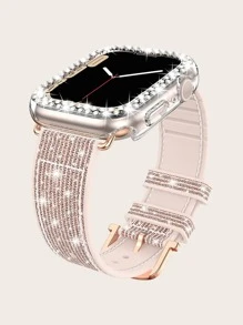 2pcs Women's Glitter Silicone Watch Band And Double Rows Diamond Watch Case Set, Compatible With Apple Watch Series Ultra/SE/9/8/7/6/5/4/3/2/1 38mm-49mm, Color-Changing From Different Angles BlingBling - Multicolor - View 1