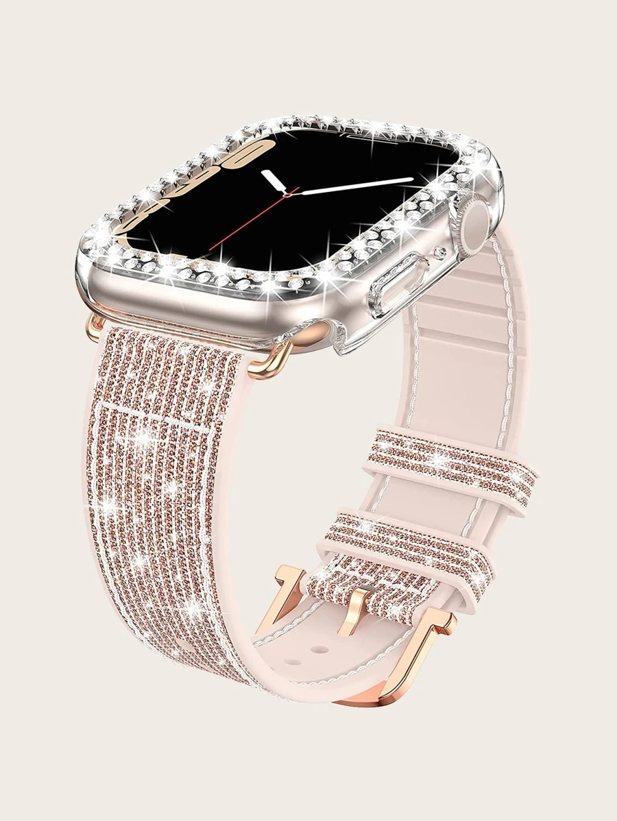 2pcs Women's Glitter Silicone Watch Band And Double Rows Diamond Watch Case Set, Compatible With Apple Watch Series Ultra/SE/9/8/7/6/5/4/3/2/1 38mm-49mm, Color-Changing From Different Angles BlingBling - Multicolor - View 1