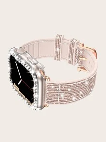 2pcs Women's Glitter Silicone Watch Band And Double Rows Diamond Watch Case Set, Compatible With Apple Watch Series Ultra/SE/9/8/7/6/5/4/3/2/1 38mm-49mm, Color-Changing From Different Angles BlingBling - Multicolor - View 2
