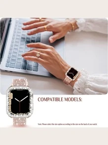 2pcs Women's Glitter Silicone Watch Band And Double Rows Diamond Watch Case Set, Compatible With Apple Watch Series Ultra/SE/9/8/7/6/5/4/3/2/1 38mm-49mm, Color-Changing From Different Angles BlingBling - Multicolor - View 5