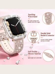 2pcs Women's Glitter Silicone Watch Band And Double Rows Diamond Watch Case Set, Compatible With Apple Watch Series Ultra/SE/9/8/7/6/5/4/3/2/1 38mm-49mm, Color-Changing From Different Angles BlingBling - Multicolor - View 7