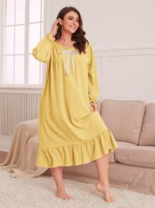 大碼前蝴蝶結荷葉袖荷葉邊睡裙 - 黃色 - 查看 1