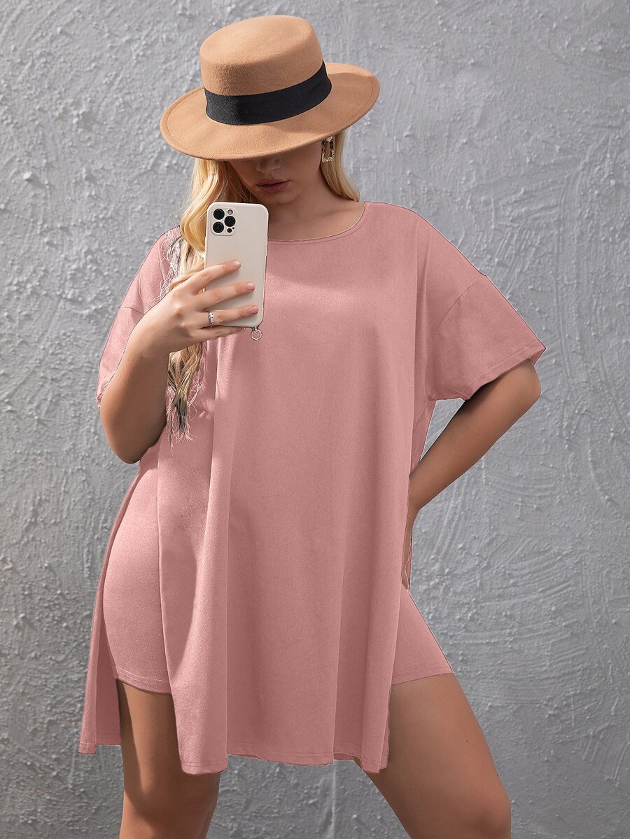 SHEIN LUNE Plus Drop Shoulder Slit Hem Tee & Cycling Shorts - Baby Pink - View 1
